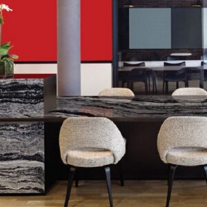 Contemporary dining area with Cambria Levven quartz table in Surrey.