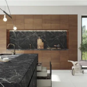 Modern kitchen with Caesarstone Smokestone worktops in a bright setting