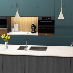 Modern kitchen with CRL Ultra White Quartz worktop in a stylish London home