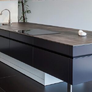 Modern kitchen island featuring Neolith Iron Grey worktop