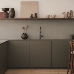 Full kitchen view with Caesarstone Auralux worktop and contemporary design.