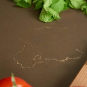 Unistone Empire Brown Quartz surface with fresh herbs and tomatoes.