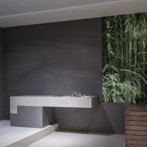 Interior design featuring Neolith Lava wall in a modern setting