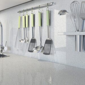 CRL Silver Shimmer Quartz kitchen worktop with utensils in a modern setting