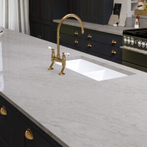 Modern kitchen featuring CRL Pacific Grey Quartz worktop in a London home