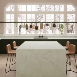 Modern kitchen featuring Caesarstone Lumena worktops, showcasing its stylish design in a bright space.