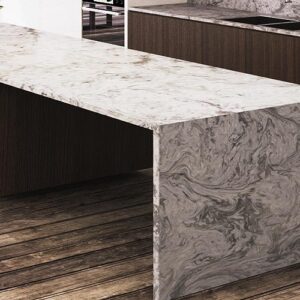 Modern kitchen with Unistone Avalanche Quartz worktop in a London home.