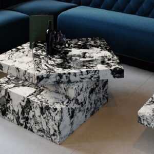 Cambria Huntley quartz coffee tables in a stylish living room.