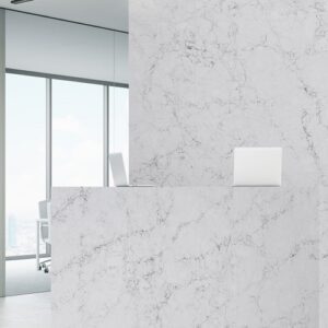 Modern office reception featuring CRL Antonella Quartz wall in London.