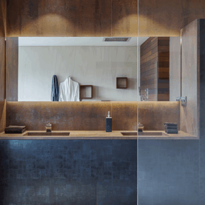Bathroom interior featuring Neolith Iron Corten walls in London.
