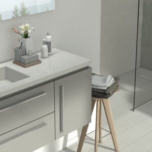 Modern bathroom featuring CRL Carrara quartz countertop