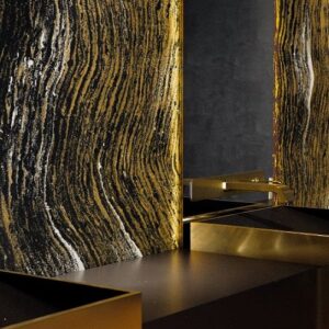 Cambria Golden Dragon Quartz bathroom installation with golden tones