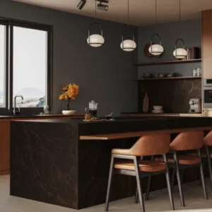 Contemporary kitchen island with Caesarstone Emprada surface, showcasing its luxurious finish.