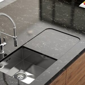 Kitchen countertop featuring Unistone Java Black Quartz in a modern setting