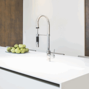 Modern kitchen with Neolith Iron Copper wall in London