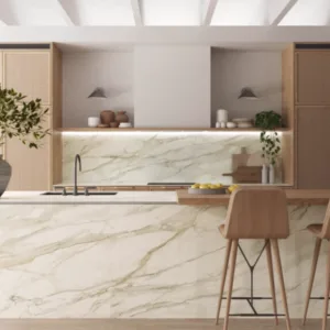 Modern kitchen featuring Caesarstone Mirabel porcelain worktop in London