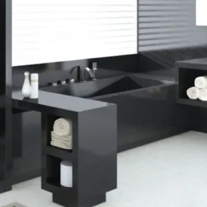Luxurious bathroom featuring Caesarstone Jet Black Quartz surfaces.