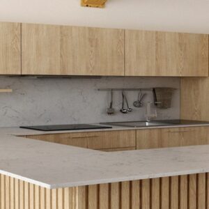 Contemporary kitchen featuring Unistone Valley White Quartz countertops and wooden cabinets