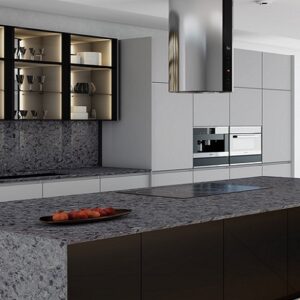 Modern kitchen featuring Unistone Squalo Quartz worktop in a London home