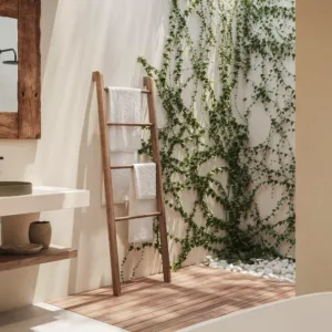 Bathroom with Caesarstone Solenna worktop and natural decor.