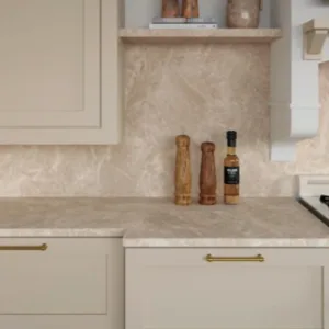 Kitchen featuring Caesarstone Fume Porcelain worktop and splashback