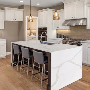 Modern kitchen featuring CRL Vesuvius Quartz countertops in a London home.
