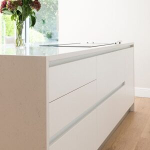 Modern kitchen featuring CRL White Water Quartz worktop in London home