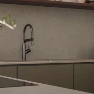 Modern kitchen featuring Caesarstone Auralux worktop and sleek fixtures.