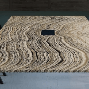 Dining table crafted from Cambria Claridge Quartz with elegant design.