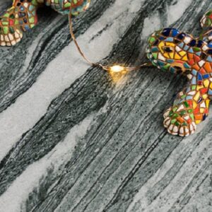 Colourful mosaic decorations on Neolith Mar Del Plata worktop in Essex.