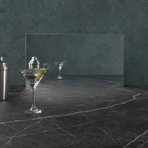 Caesarstone Smokestone surface with cocktail shaker and glass