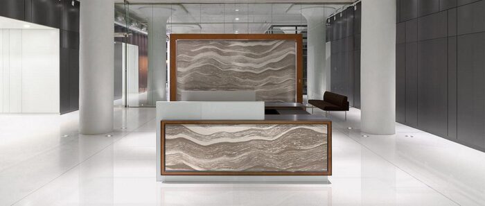 Flooring Modern reception area featuring Cambria Oakmoor Quartz wall panel