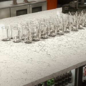 Cambria Rosedale Quartz Worktop used in a modern bar setting