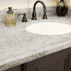 Unistone Silver Sea Quartz worktop in a modern kitchen setting
