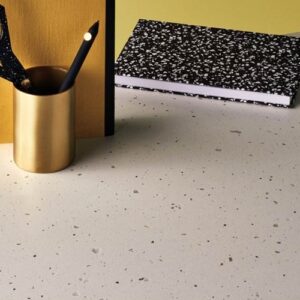 Caesarstone Frozen Terra worktop with stationery, showcasing its elegant design