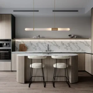 Modern kitchen featuring CRL Statuario Verde Super Honed Quartz worktop