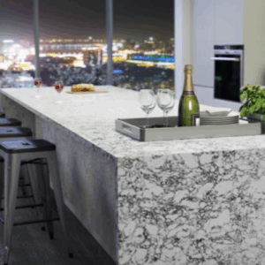 Cambria Rosedale Quartz Worktop in a stylish kitchen with city view