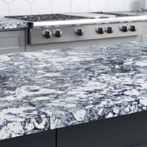 Cambria Islington Quartz Worktop in a modern kitchen with grey cabinets