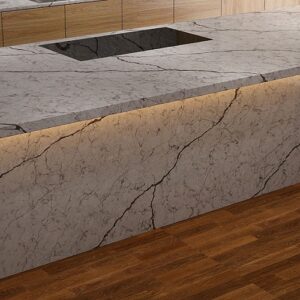 Unistone Diamant Quartz kitchen island in a modern setting