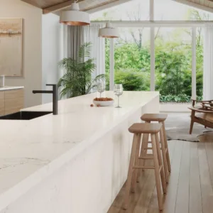 Modern kitchen featuring Caesarstone Solenna worktop in a bright setting.