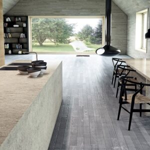 Modern kitchen featuring Caesarstone Symphony Grey quartz countertops.