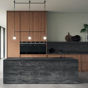 Modern kitchen featuring Caesarstone Black Tempal Quartz island and worktop