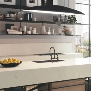 Modern kitchen in London featuring Caesarstone Aterra Blanca quartz island