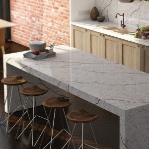 Stylish kitchen with Unistone Diamant Quartz worktops and wooden cabinets