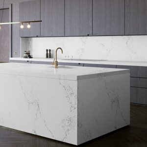 Modern kitchen featuring Caesarstone Empira White quartz island in London