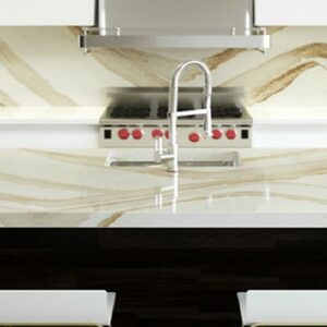 Spacious kitchen featuring Cambria Brittanicca Gold quartz surfaces