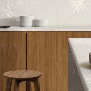 Modern kitchen with Caesarstone Cloudburst Concrete worktop and wooden cabinets