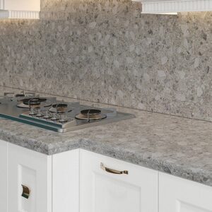 Modern kitchen with Unistone Ceppo Quartz worktop and backsplash