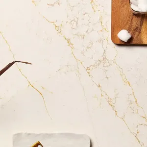 Ecotone Gold Quartz countertop with decorative items