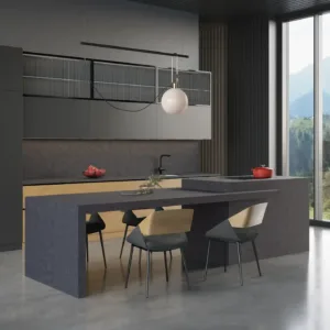 Modern kitchen featuring CRL Stella Gris Super Honed quartz worktop in a stylish setting.